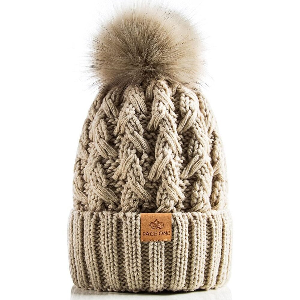 Women’s  Beigeoatmeal Winter Ribbed Beanie Hat Chunky Cable Knit Pompom Warm